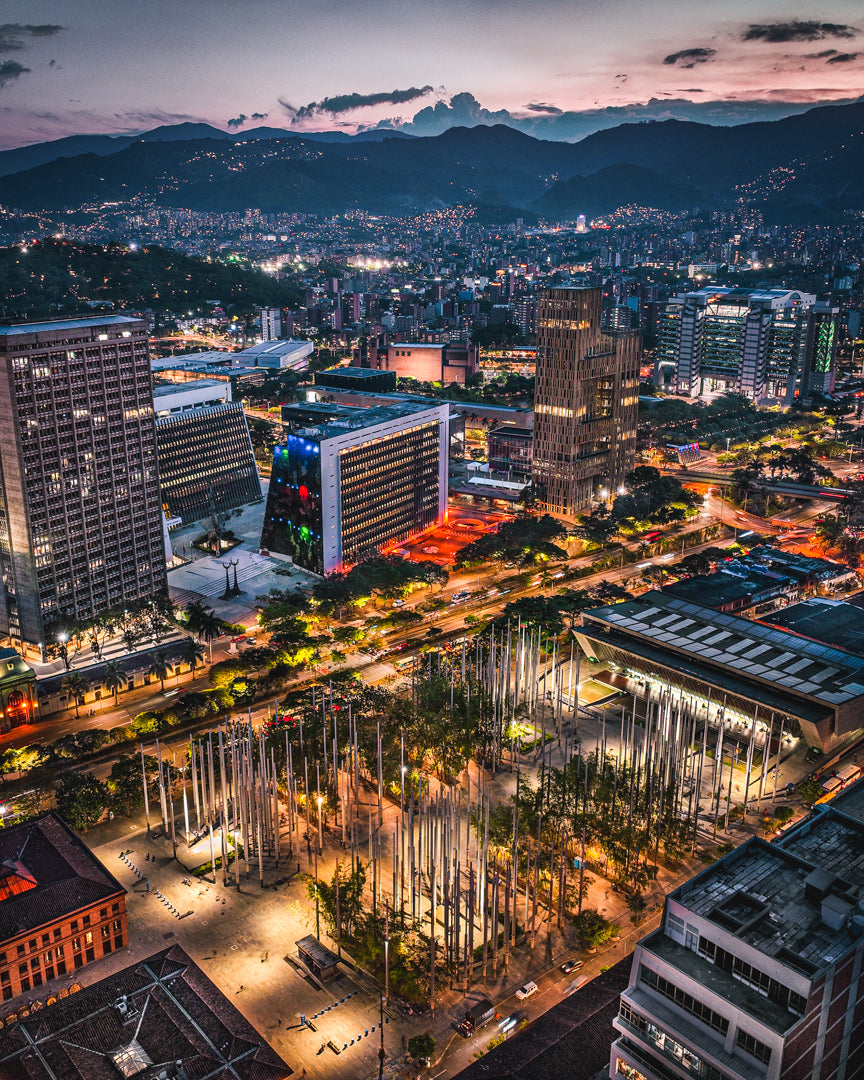 Medellin Plaza Cisneros (Parque de las Luces) Night Poster
